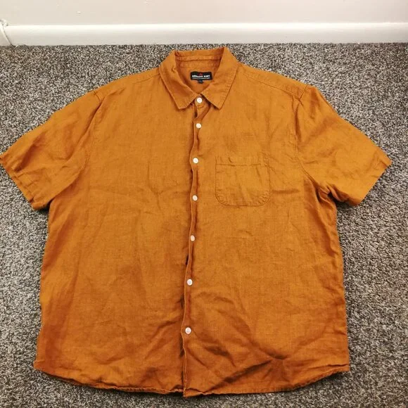 American Giant Shirt Linen Short Sleeve Button Down Light Brown Mens Large - Picture 2 of 8